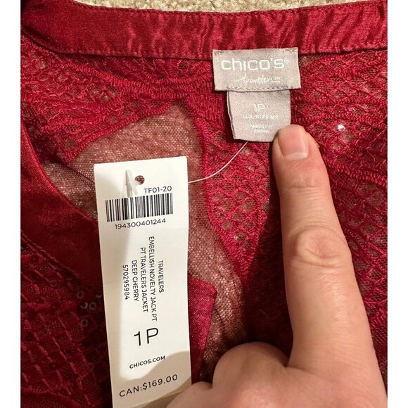 CHICOS 'NWT' TRAVELERS EMBELLISH NOVELTY JACKET in DEEP CHERRY Size M Petite 1P - Picture 8 of 10